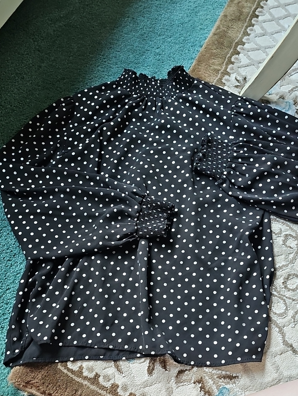 Black Polka Dot Smocked Cuff Blouse